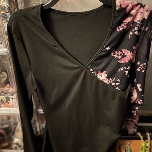 Floral Black and Pink Women's Top V Neck Roushed Sexy Blouse